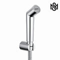 Flow Adjustable Muslim Shower Set with wall-mounted holder and flexible hose, featuring the MSS logo in the upper-right corner.