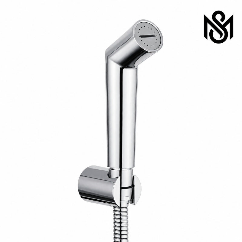 Flow Adjustable Muslim Shower Set with wall-mounted holder and flexible hose, featuring the MSS logo in the upper-right corner.