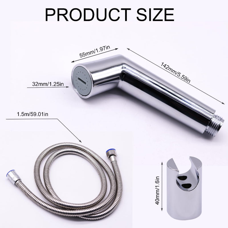 Flow Adjustable Muslim Shower Set with wall-mounted holder and flexible hose, featuring the MSS logo in the upper-right corner.