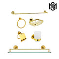 6-piece gold bathroom hardware accessory set including towel bar, ring, soap dish, toilet paper holder, glass shelf, and tumbler holder