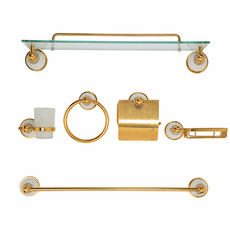 6-piece gold bathroom hardware accessory set including towel bar, ring, soap dish, toilet paper holder, glass shelf, and tumbler holder