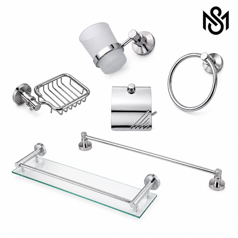 bathroom accessories set with towel bar, glass shelf, soap basket, tumbler holder, towel ring and toilet paper holder