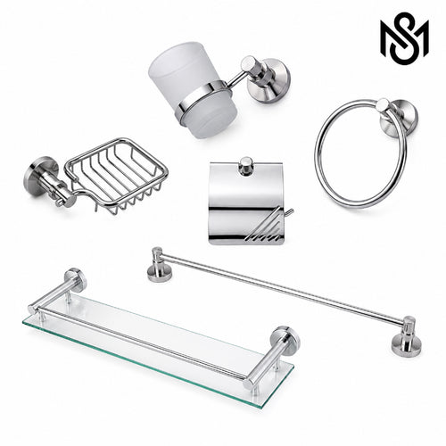 bathroom accessories set with towel bar, glass shelf, soap basket, tumbler holder, towel ring and toilet paper holder