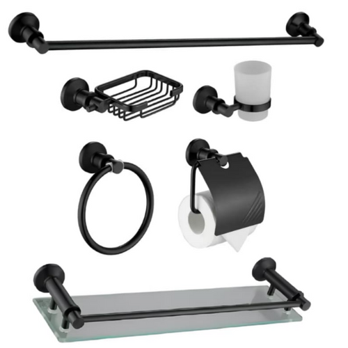 bathroom accessories set with towel bar, glass shelf, soap basket, tumbler holder, towel ring and toilet paper holder
