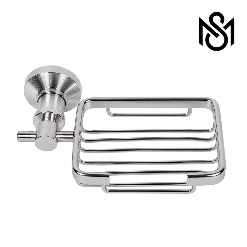 Modern wall-mounted chrome soap dish with open drainage design for bathroom and shower use