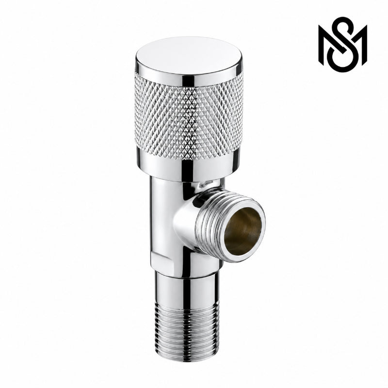 Premium chrome Angle Valve with knurled control and threaded side outlet for bathroom and sanitary plumbing