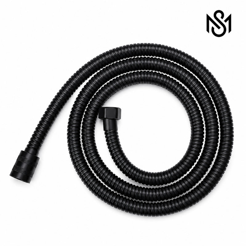 Black flexible corrugated shower hose with threaded connectors for handheld shower