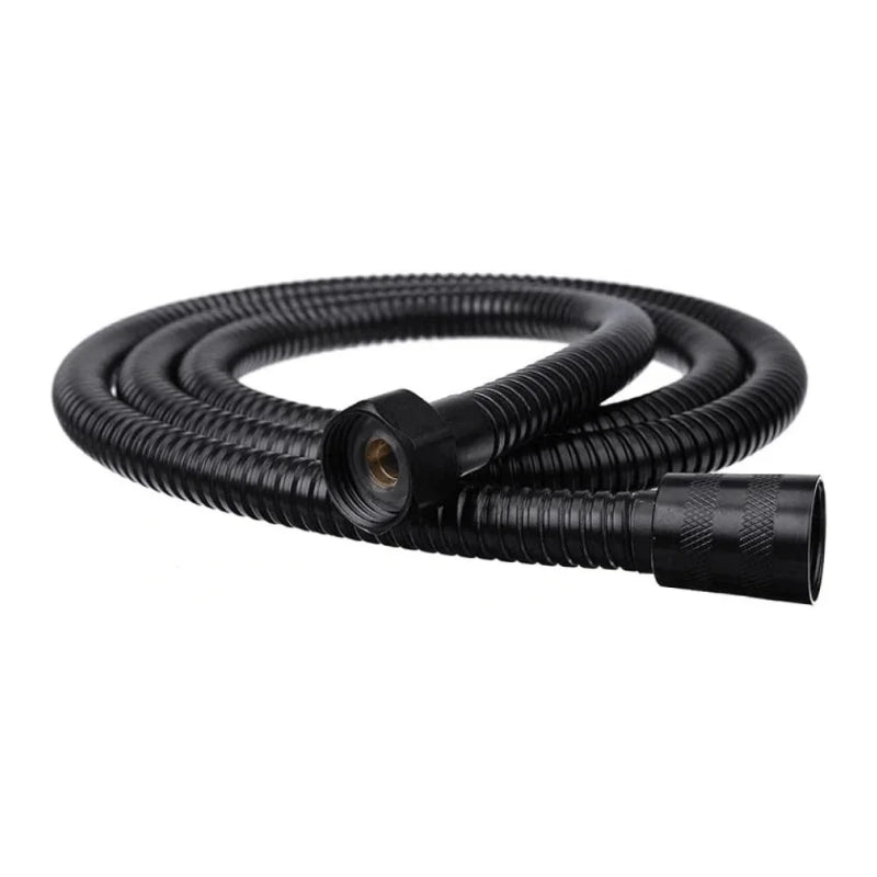 Black flexible corrugated shower hose with threaded connectors for handheld shower