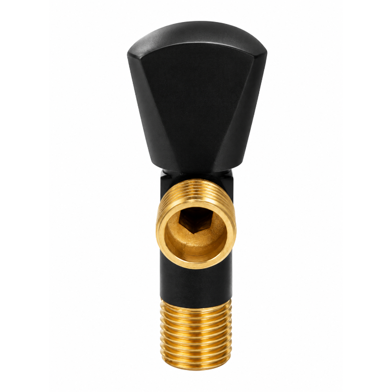 Brass valve with threaded plumbing connections for bathroom and kitchen water supply.