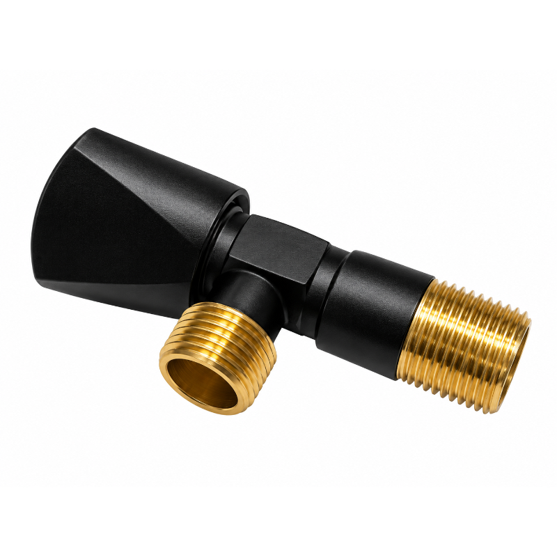 Brass valve with threaded plumbing connections for bathroom and kitchen water supply.