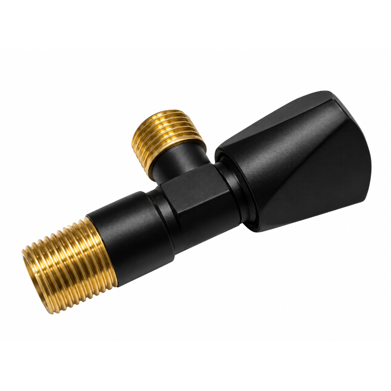 Brass valve with threaded plumbing connections for bathroom and kitchen water supply.