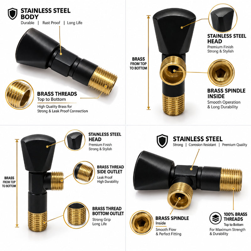 Black and gold angle valve with threaded plumbing connections for bathroom and kitchen water supply.