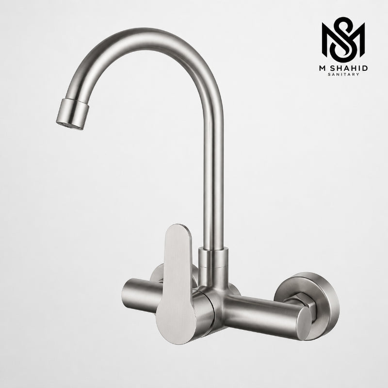 Wall-mounted matte steel kitchen mixer tap with high-arc gooseneck spout for modern sink installations.