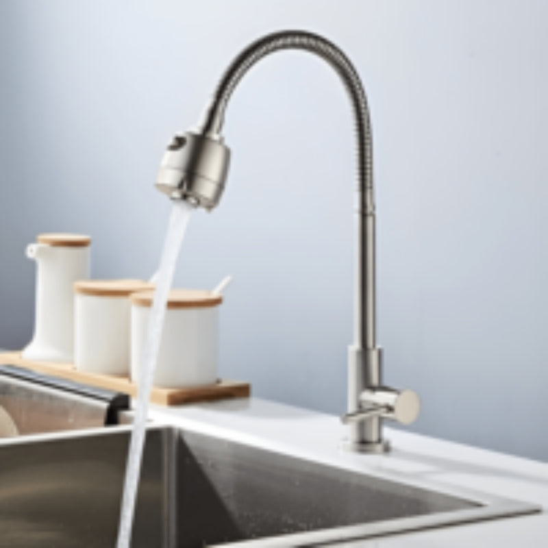 Flexible gooseneck stainless steel kitchen faucet with dual-function sprayer nozzle and single-lever handle