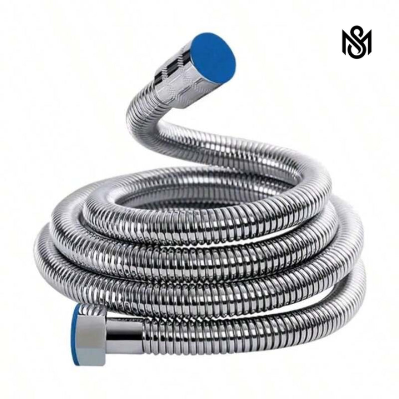 Flexible stainless steel shower hose with chrome finish and blue accented connectors