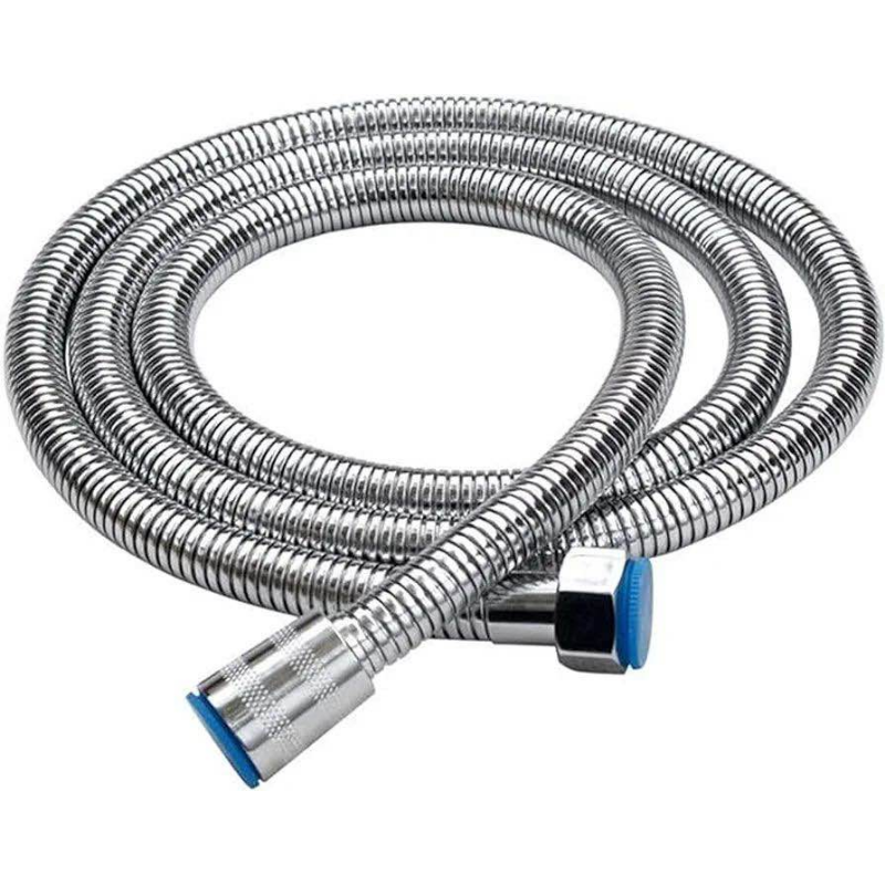 Flexible stainless steel shower hose with chrome finish and blue accented connectors