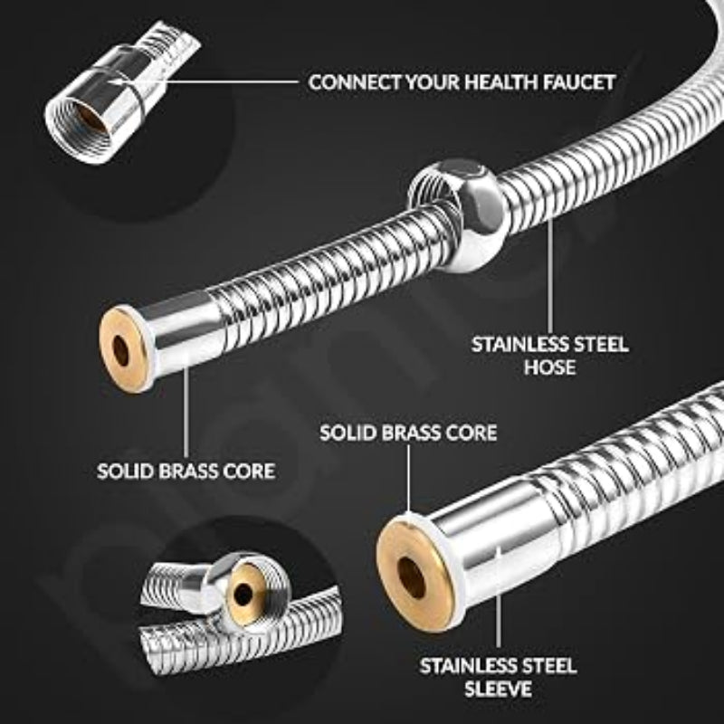 Flexible stainless steel shower hose with chrome finish and blue accented connectors