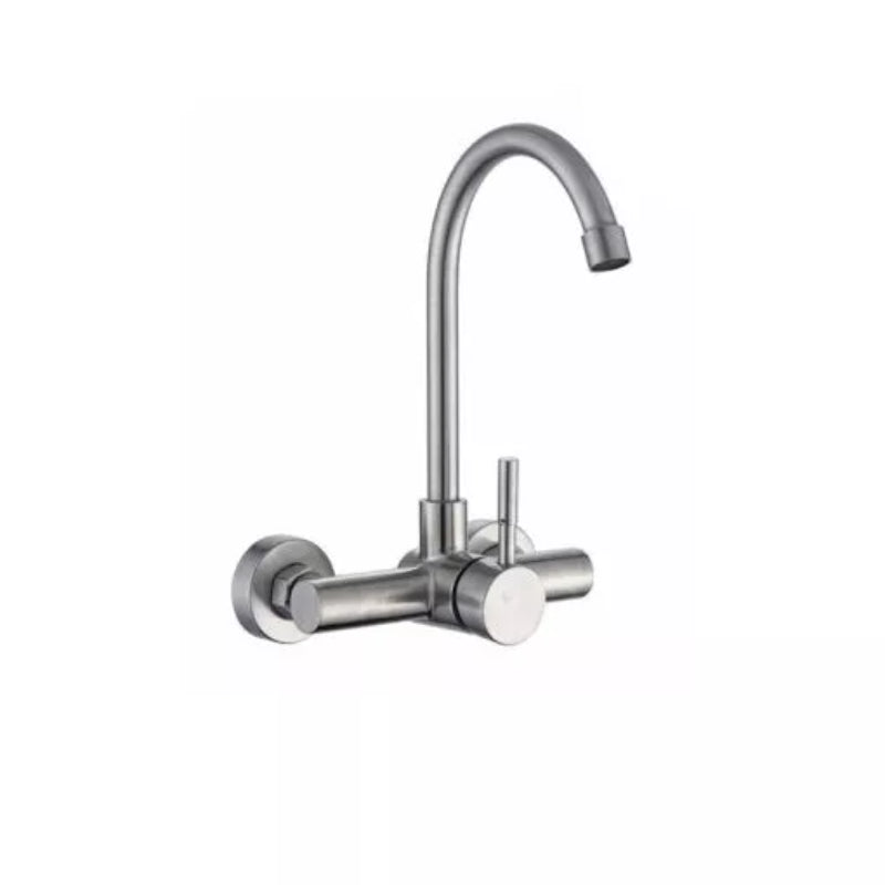 Wall-mounted matte steel kitchen mixer tap with high-arc gooseneck spout for modern sink installations.