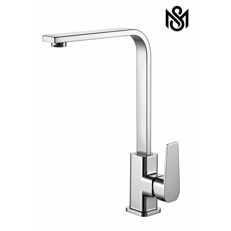 Modern Hot & Cold Mixing Kitchen Faucet with tall square spout and single lever handle.