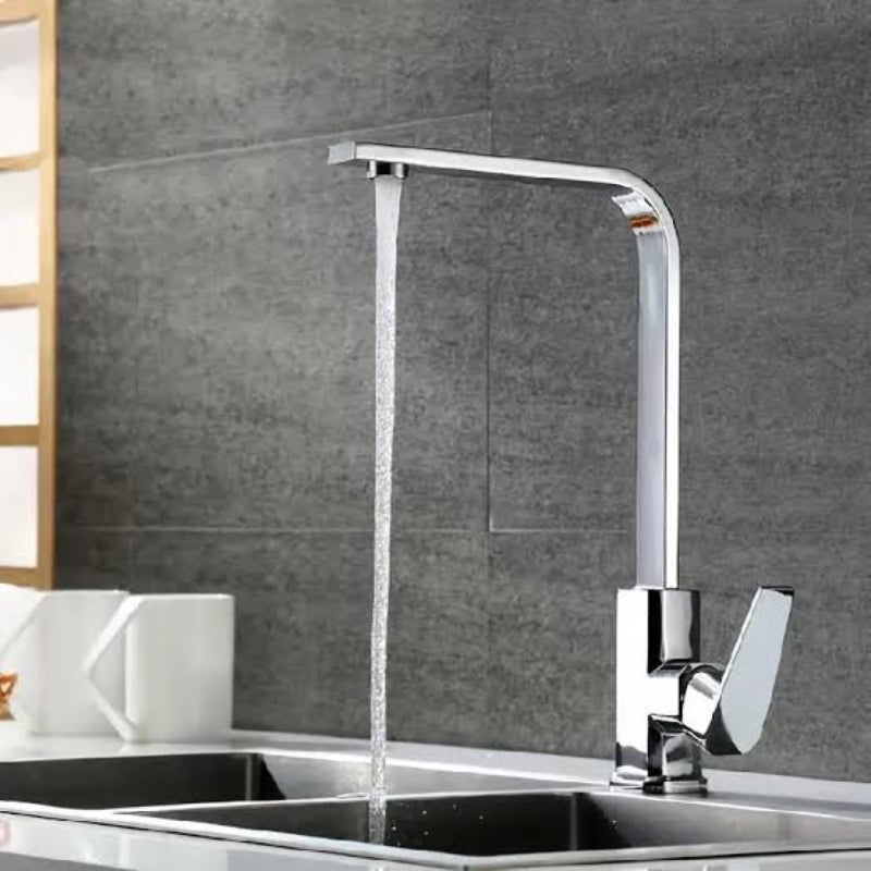 Modern Hot & Cold Mixing Kitchen Faucet with tall square spout and single lever handle.
