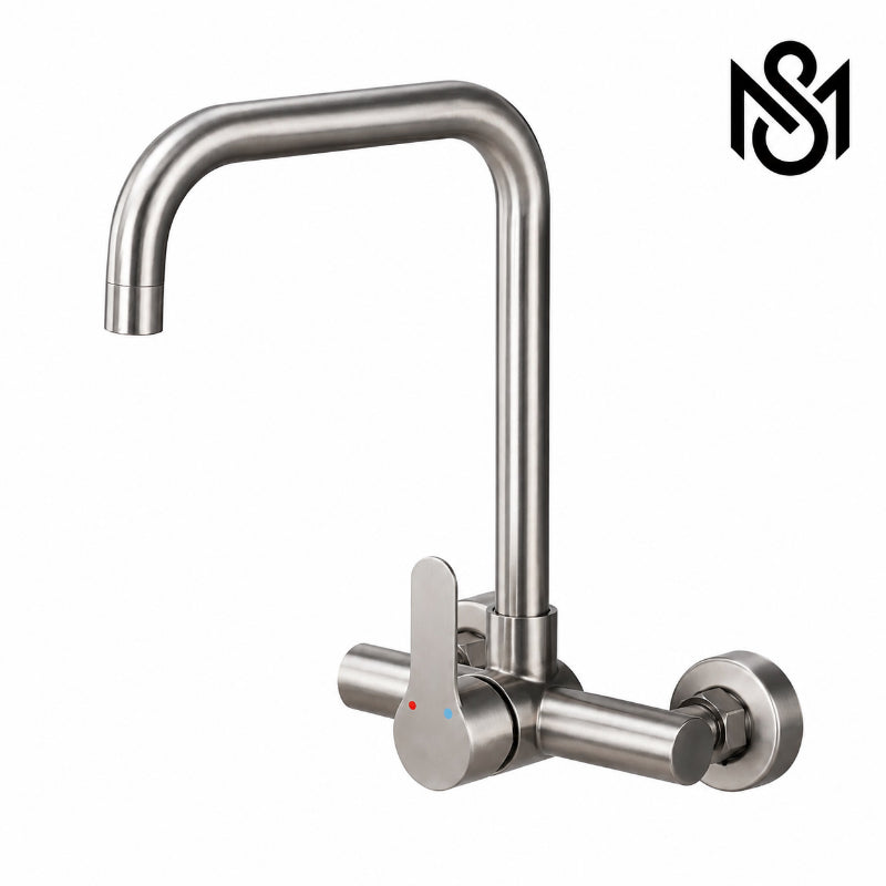 wall mounted Kitchen Sink Mixer with single lever and stainless silver finish