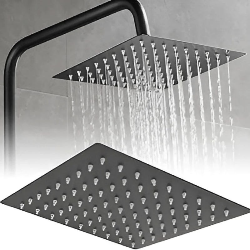Black square rainfall shower head with multiple spray nozzles