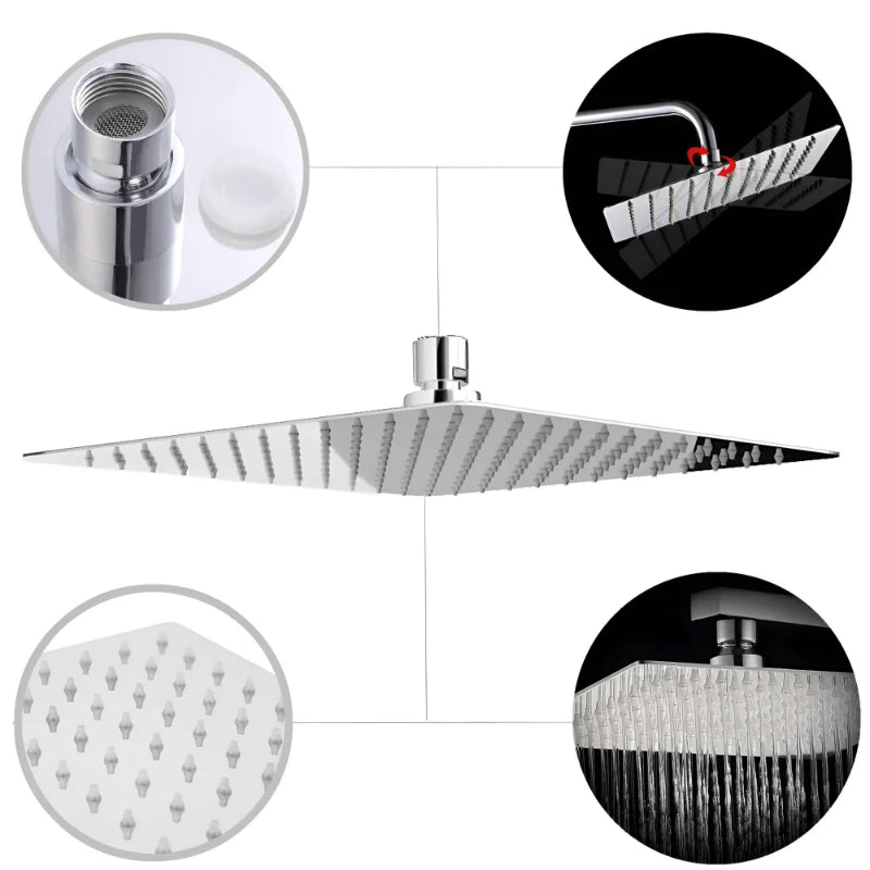 Overhead stainless steel rain shower head with multiple spray nozzles