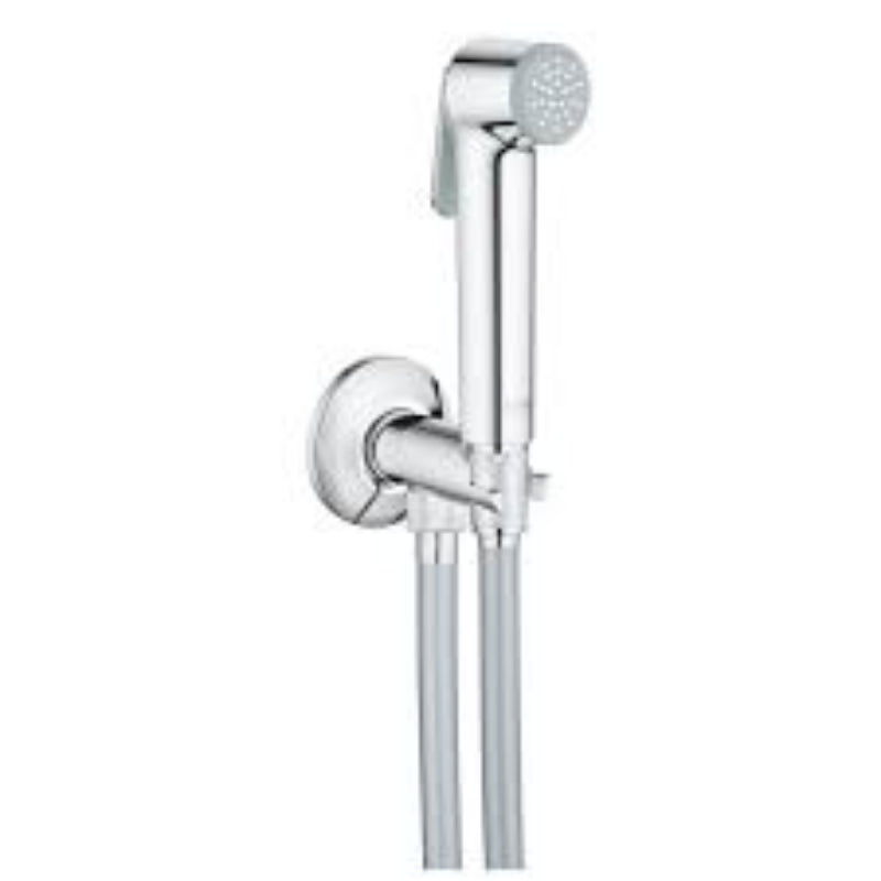 Plastic Muslim Shower Set with wall-mounted holder and multi-hole spray head for bathroom hygiene.