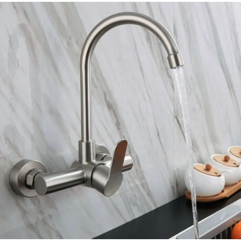 Wall-mounted matte steel kitchen mixer tap with high-arc gooseneck spout for modern sink installations.