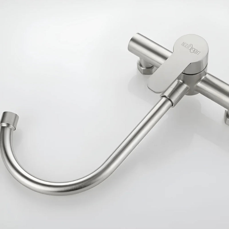 Wall-mounted matte steel kitchen mixer tap with high-arc gooseneck spout for modern sink installations.