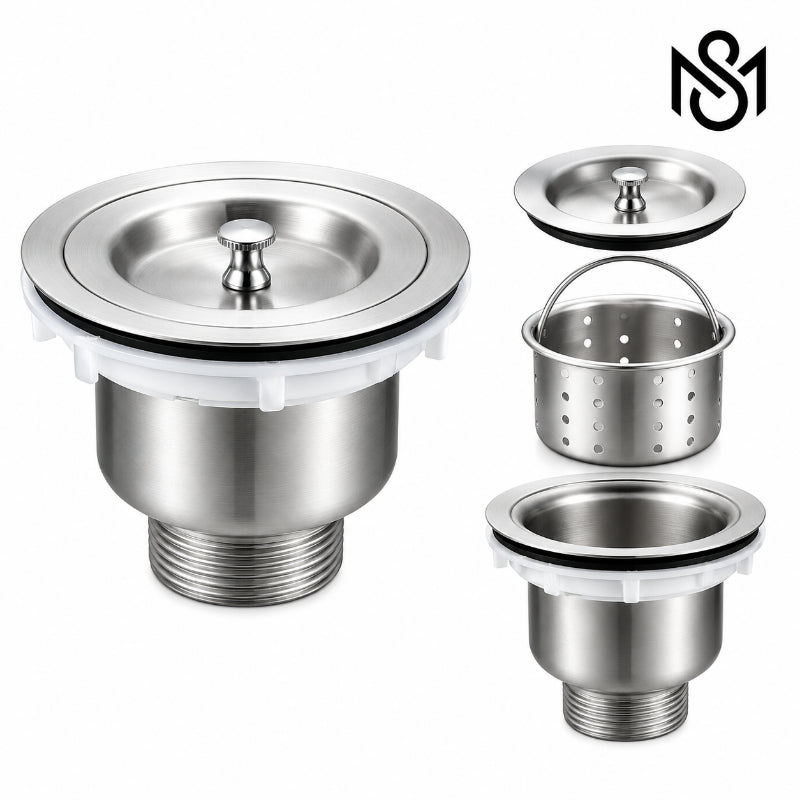 Stainless steel kitchen sink drain waste with removable strainer basket and stopper