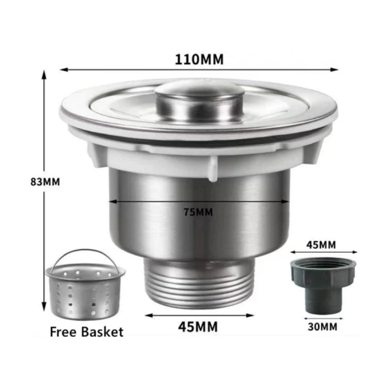Stainless steel kitchen sink drain waste with removable strainer basket and stopper