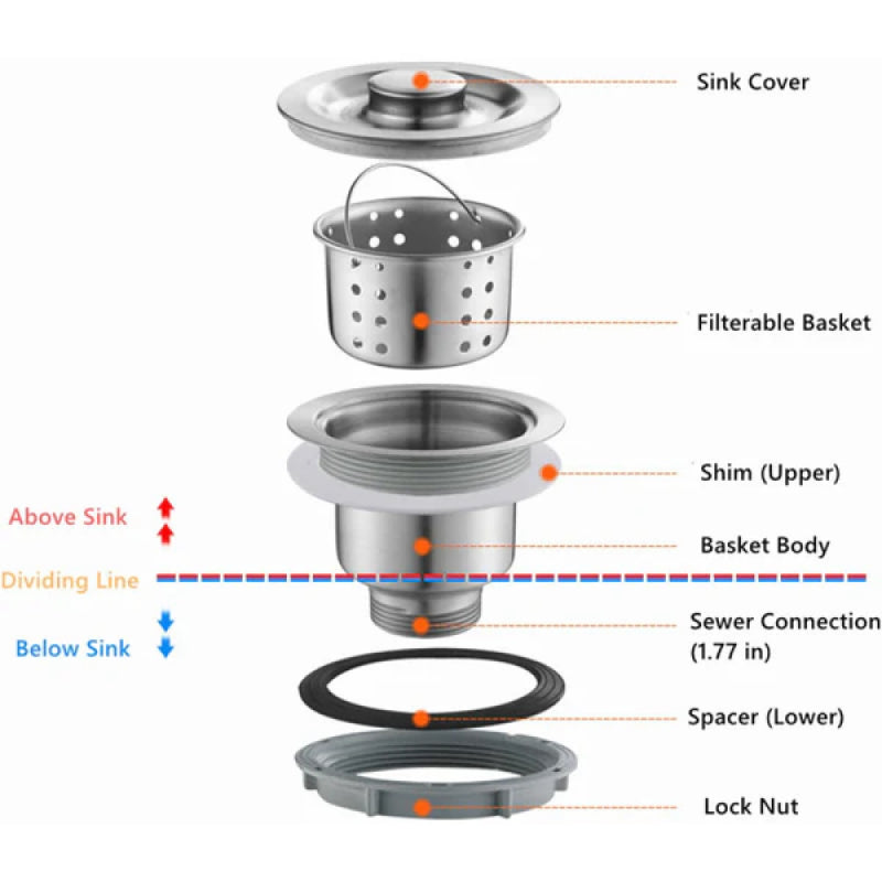 Stainless steel kitchen sink drain waste with removable strainer basket and stopper