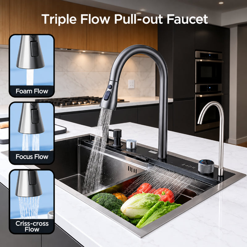 Triple flow  kitchen faucet with high-arc spout and three spray modes for washing vegetables and kitchen cleaning.