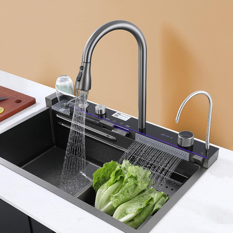 Triple flow kitchen faucet with high-arc spout and three spray modes for washing vegetables and kitchen cleaning.
