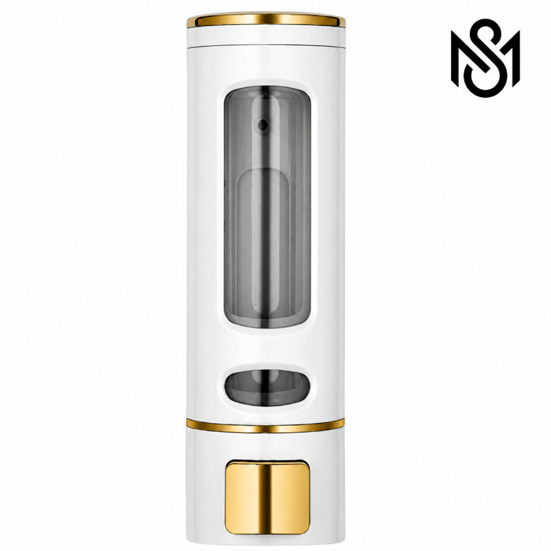 White and gold wall mounted liquid soap dispenser with transparent reservoir