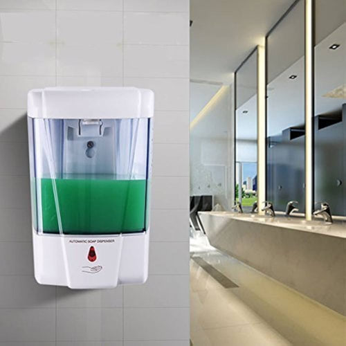 Wall mounted automatic liquid soap dispenser with touchless sensor and transparent refillable soap reservoir