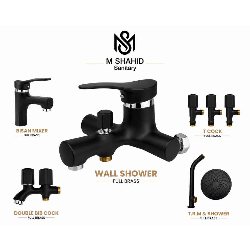M Shahid Sanitary full brass black bathroom fittings set with wall shower, basin mixer, T cocks, double bib cock and hand shower.