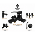 M Shahid Sanitary full brass black bathroom fittings set with wall shower, basin mixer, T cocks, double bib cock and hand shower.