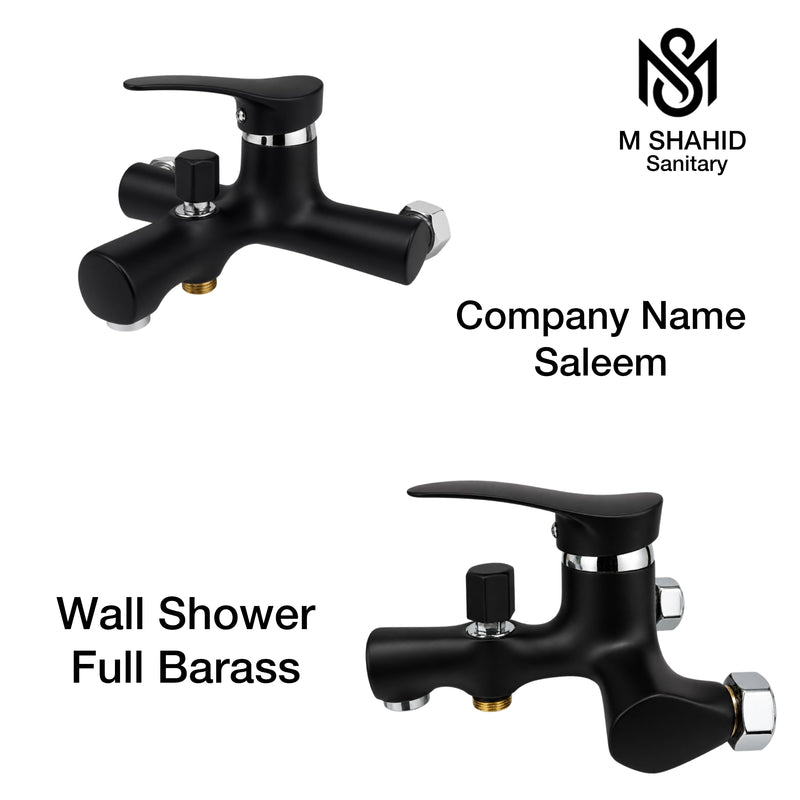 M Shahid Sanitary full brass black bathroom fittings set with wall shower, basin mixer, T cocks, double bib cock and hand shower.
