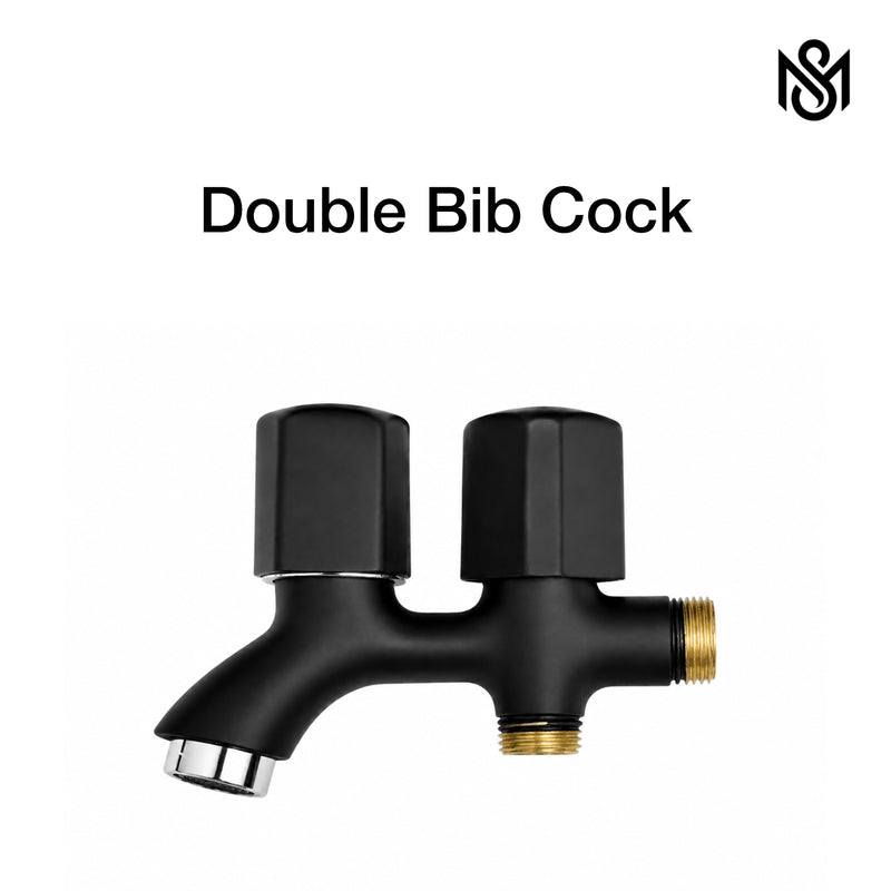 M Shahid Sanitary full brass black bathroom fittings set with wall shower, basin mixer, T cocks, double bib cock and hand shower.