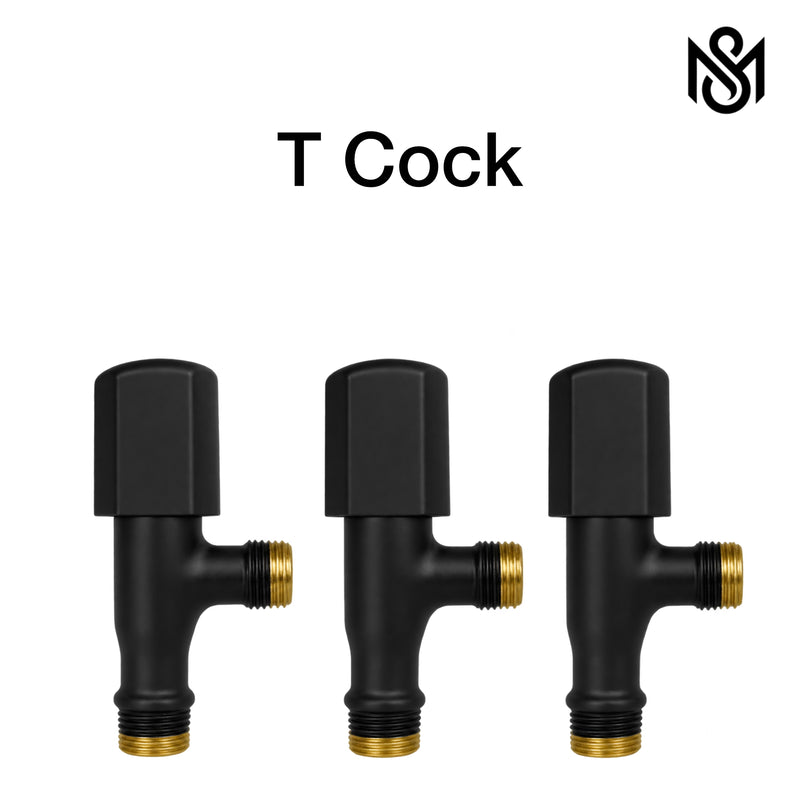 M Shahid Sanitary full brass black bathroom fittings set with wall shower, basin mixer, T cocks, double bib cock and hand shower.