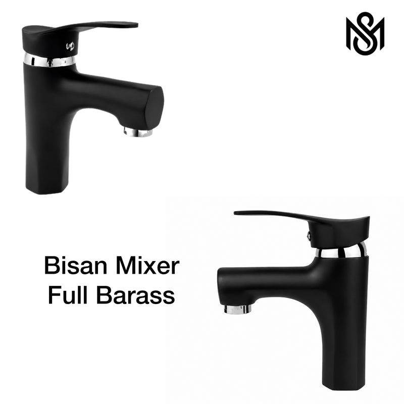 M Shahid Sanitary full brass black bathroom fittings set with wall shower, basin mixer, T cocks, double bib cock and hand shower.