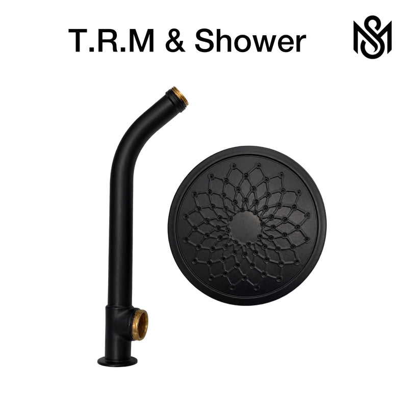 M Shahid Sanitary full brass black bathroom fittings set with wall shower, basin mixer, T cocks, double bib cock and hand shower.