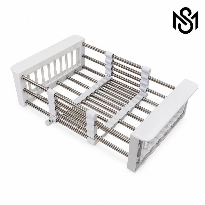 Adjustable stainless steel sink dish drying rack with white plastic side supports