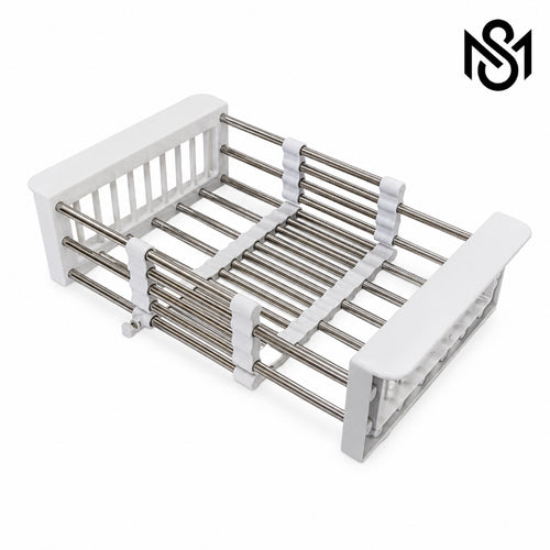 Adjustable stainless steel sink dish drying rack with white plastic side supports