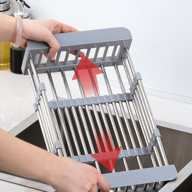 Adjustable stainless steel sink dish drying rack with white plastic side supports
