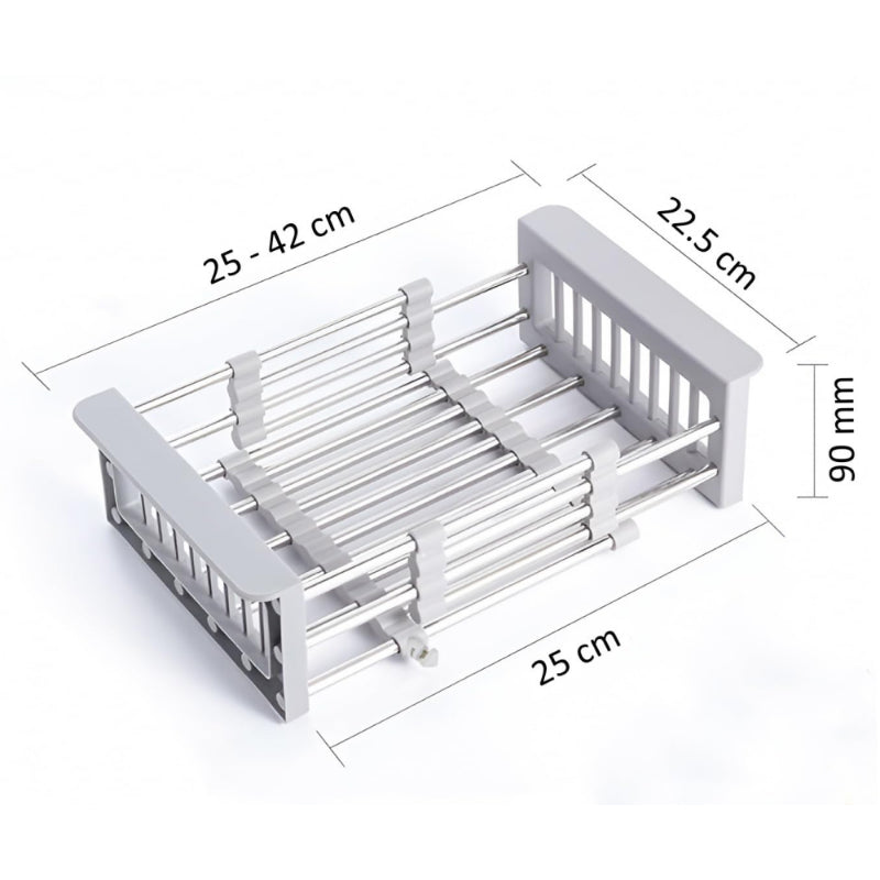 Adjustable stainless steel sink dish drying rack with white plastic side supports