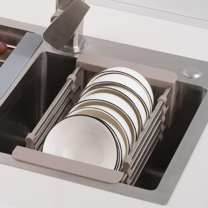 Adjustable stainless steel sink dish drying rack with white plastic side supports
