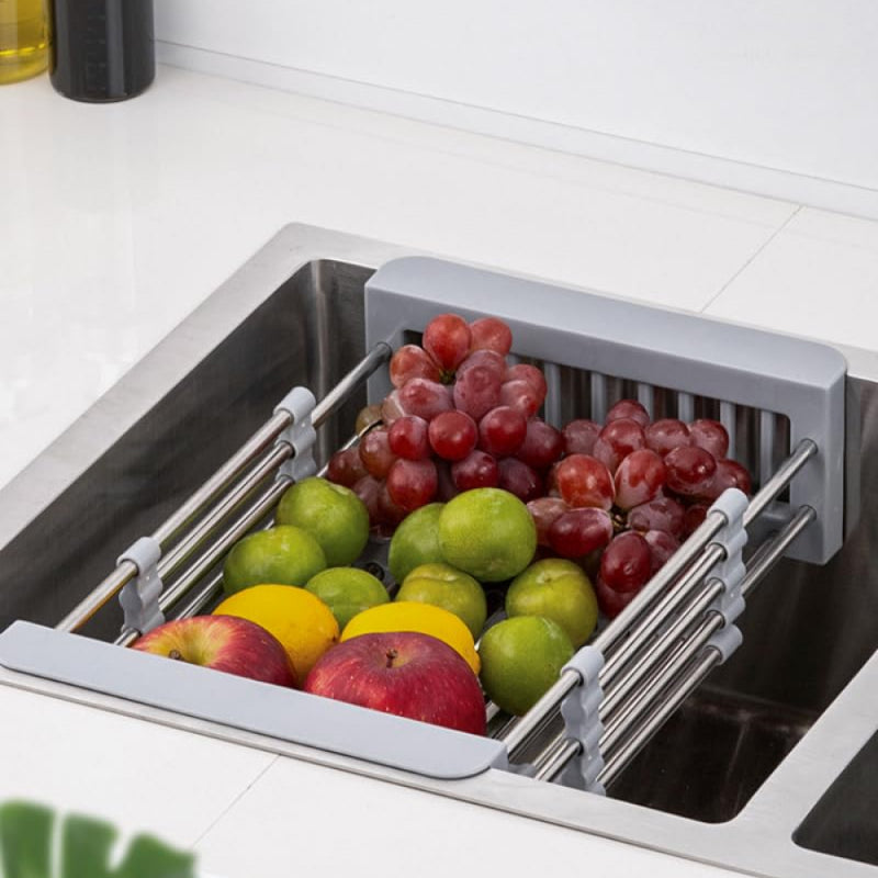 Adjustable stainless steel sink dish drying rack with white plastic side supports